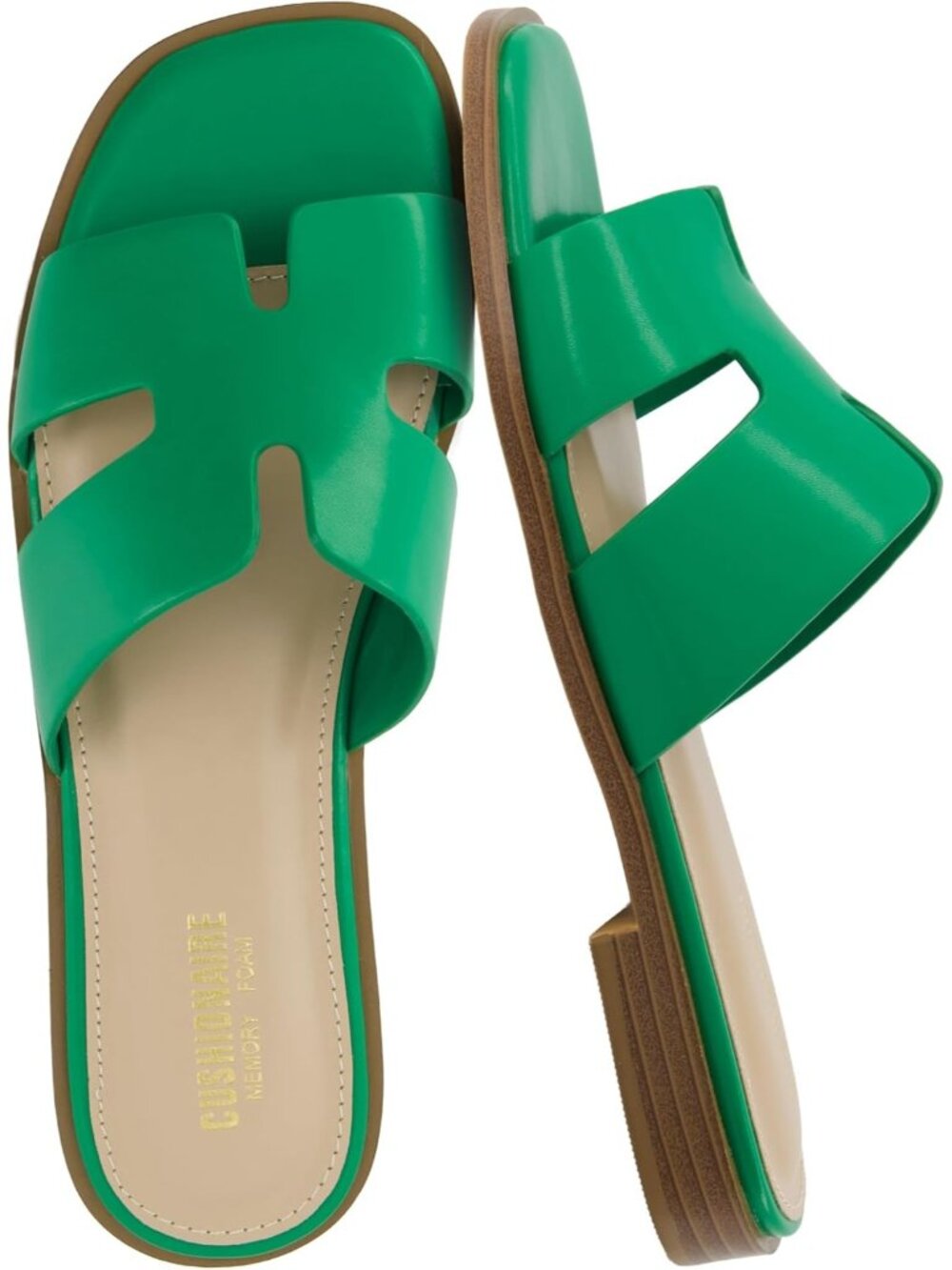 Women's Green Memory Foam Vegan Leather Cutout Strap Slides Slip On Flat Shoes